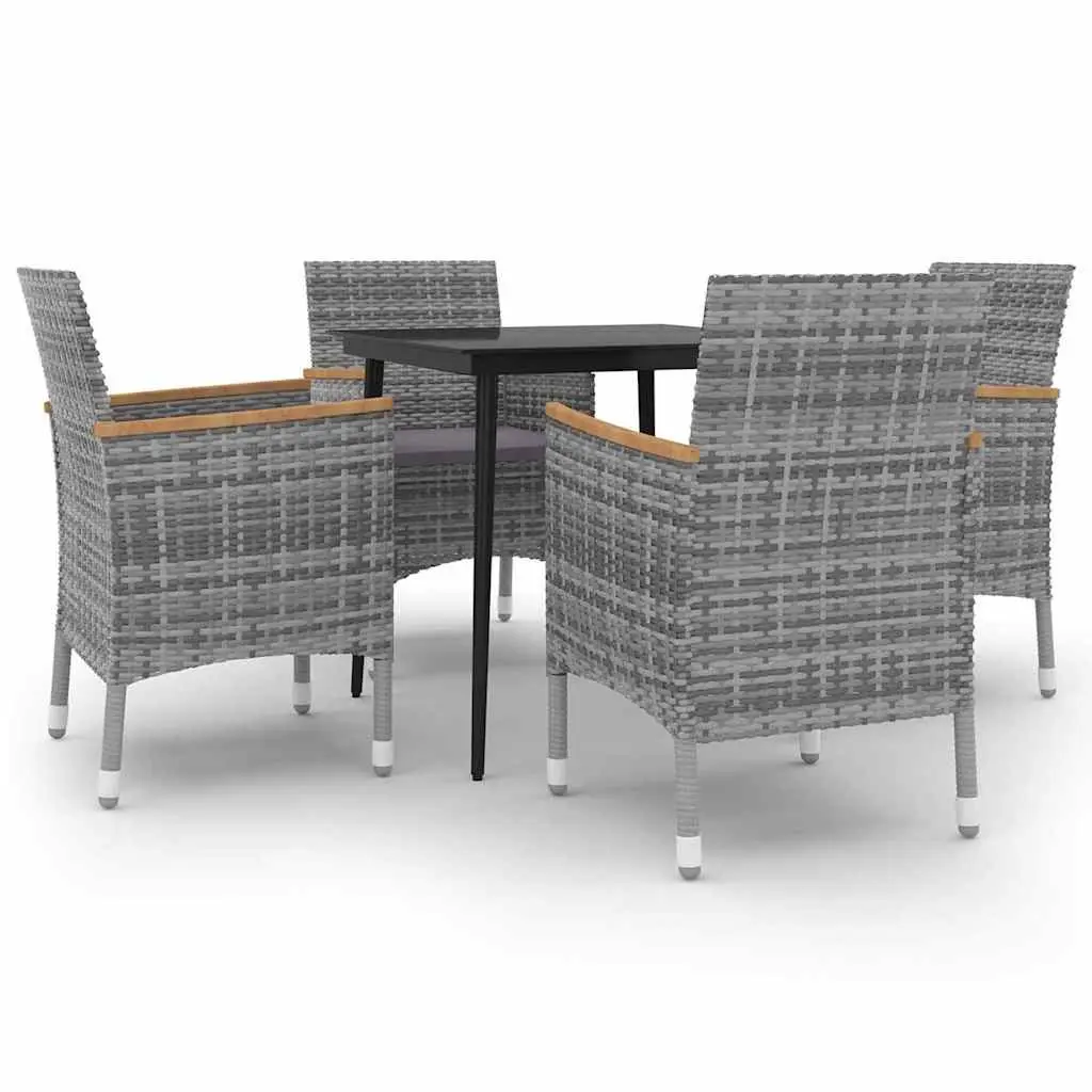 5 Piece Outdoor Dining Set Grey Poly Rattan Chairs Glass Table with Cushions