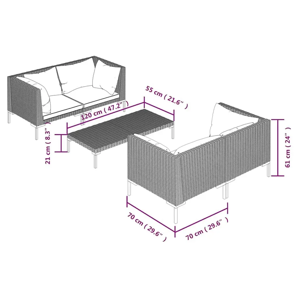 Garden Lounge Set 5 Piece Outdoor Furniture PE Rattan Grey Patio Sofa with
