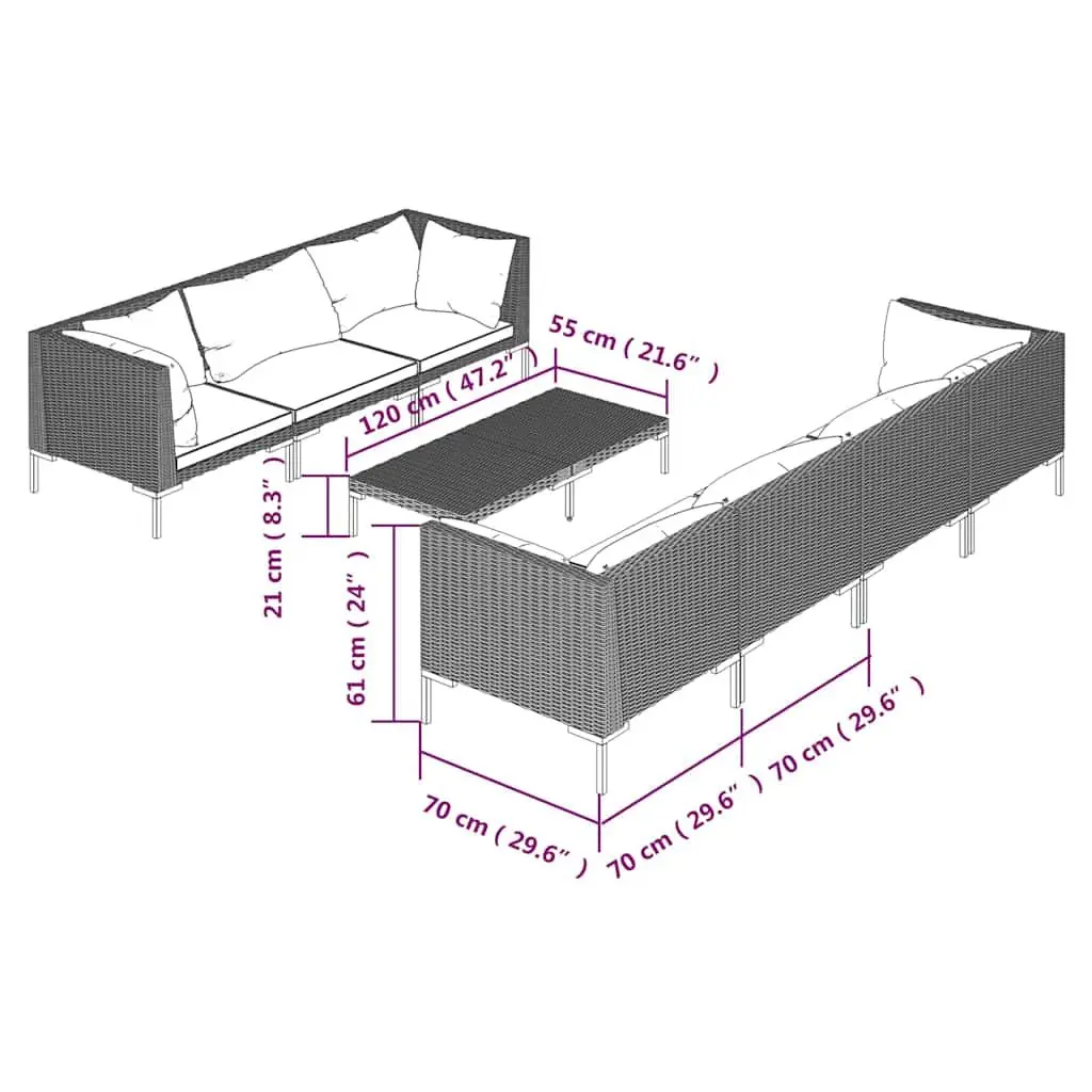 Garden Lounge Set 8 Piece Outdoor Furniture Grey PE Rattan Patio Sofa with