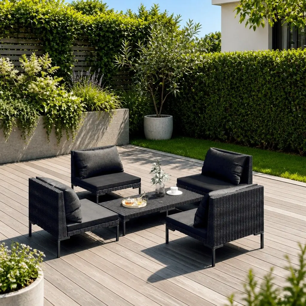 5 Piece Garden Lounge Set Dark Grey Outdoor Patio Furniture Poly Rattan Cushions Sofa