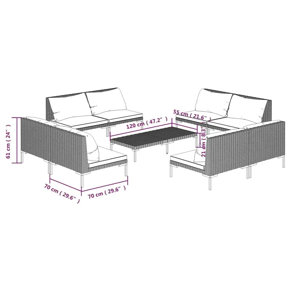 Garden Lounge Set Grey 9 Piece Outdoor Patio Furniture with Cushions Rattan