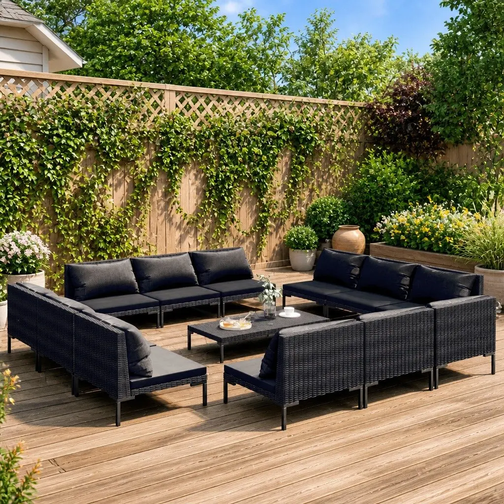 Garden Lounge Set 13 Piece Outdoor Patio Furniture with Cushions Grey Rattan