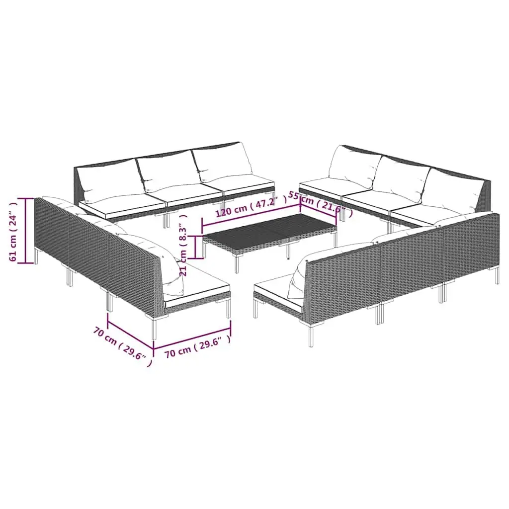 Garden Lounge Set 13 Piece Outdoor Patio Furniture with Cushions Grey Rattan