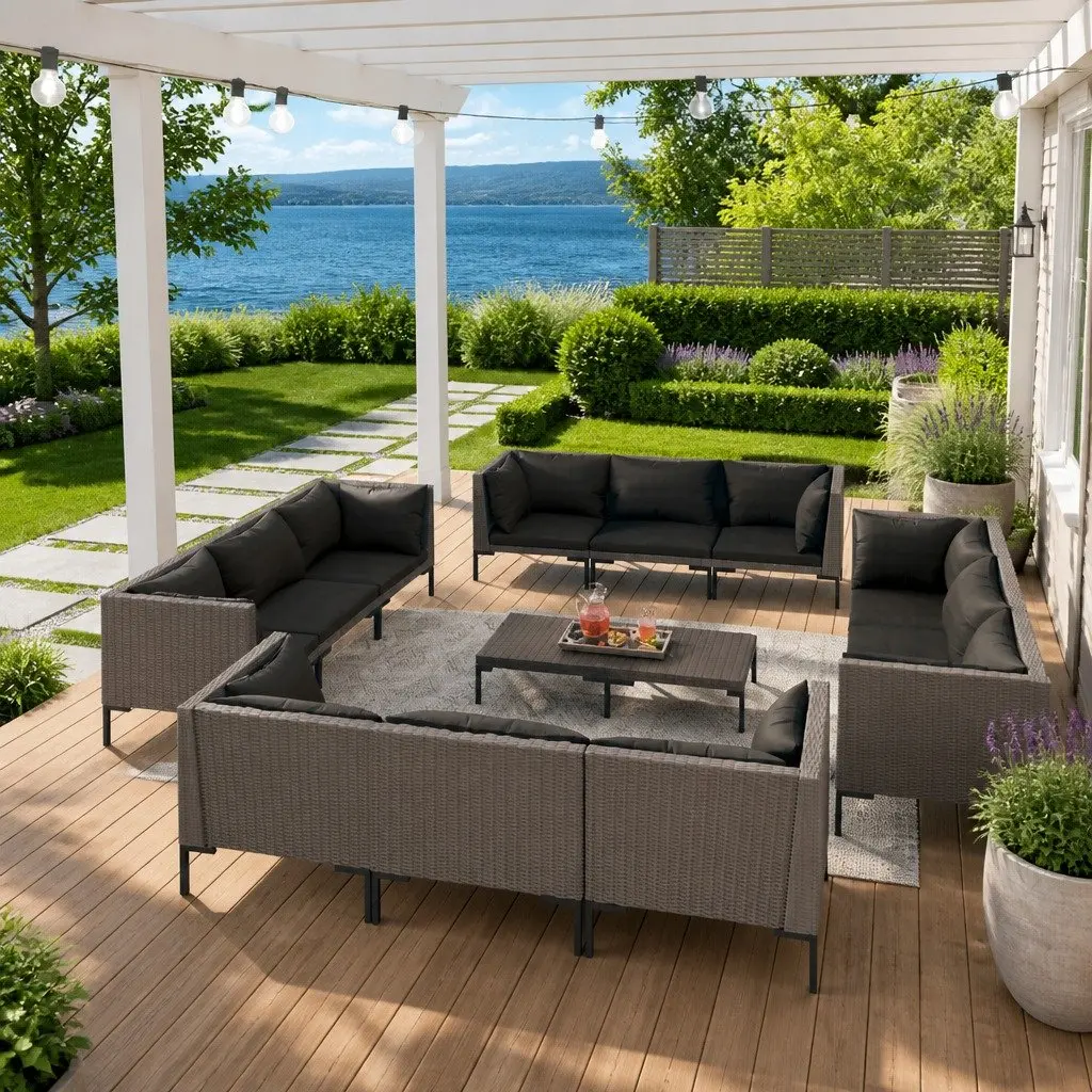 Garden Lounge Set Grey 13 Piece Outdoor Furniture PE Rattan Patio Sofa with Cushions