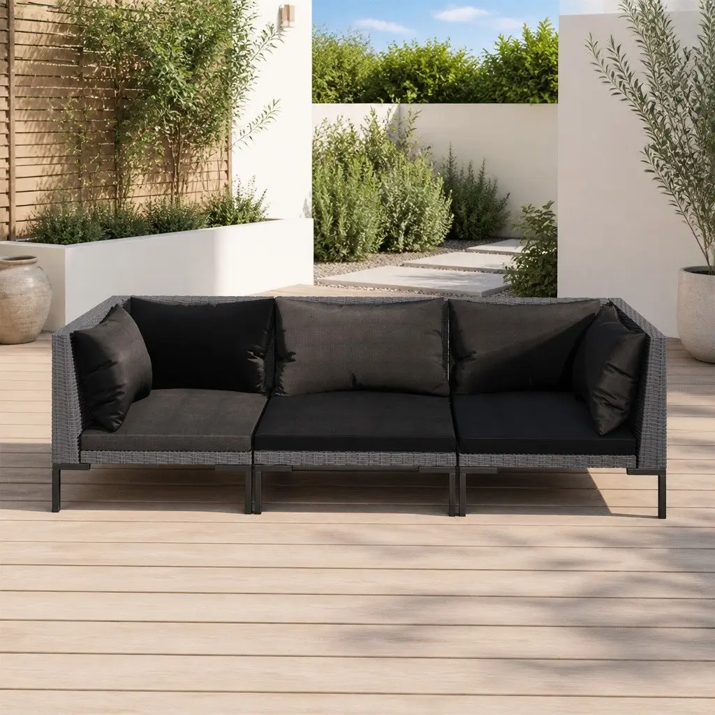 Garden Lounge Set 3 Piece Grey Outdoor Furniture PE Rattan Sofa with Cushions