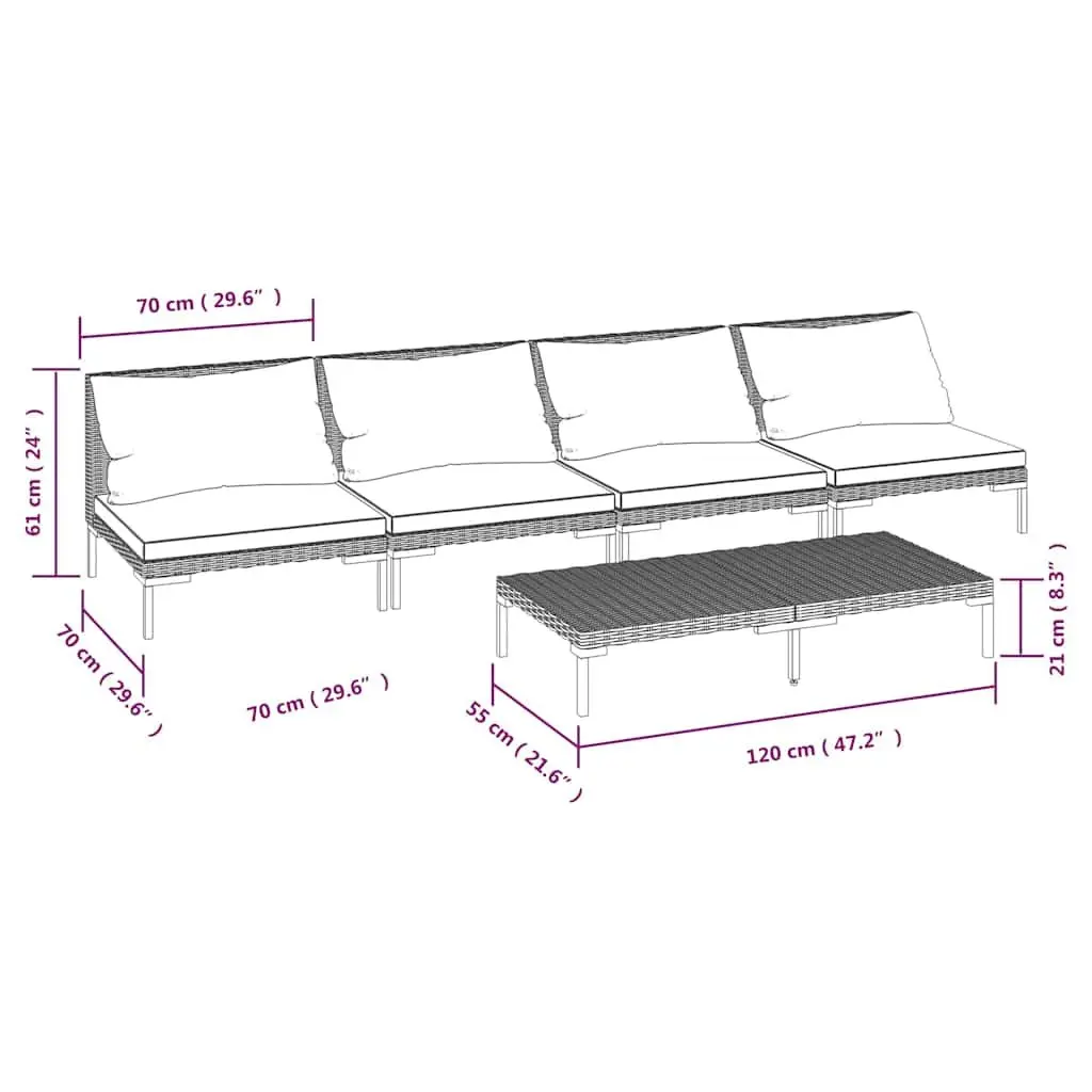 5 Piece Garden Lounge Set Grey Outdoor Patio Furniture PE Rattan Sofa Cushions