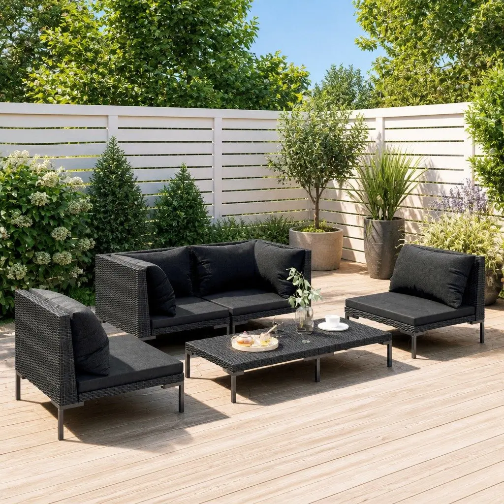 Garden Lounge Set Grey 5 Piece Outdoor Patio Furniture PE Rattan Sofa with Cushions