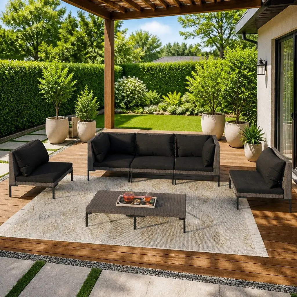 Garden Lounge Set Grey 6 Piece Outdoor Patio Furniture Rattan Sofa with Cushions