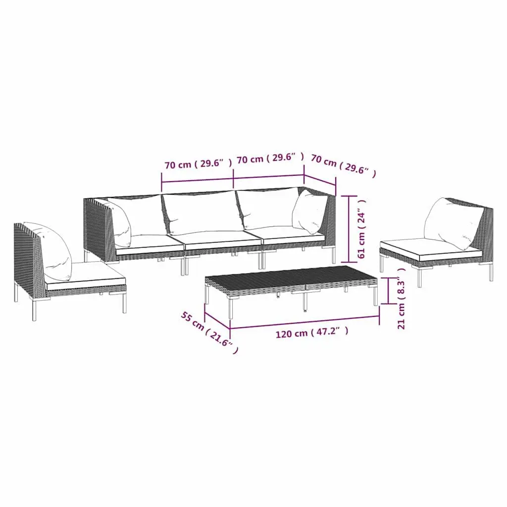 Garden Lounge Set Grey 6 Piece Outdoor Patio Furniture Rattan Sofa with Cushions