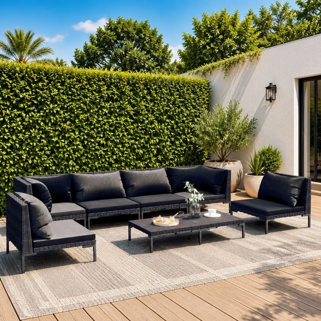 Garden Lounge Set Grey 7 Piece Outdoor Furniture with Cushions Rattan Patio