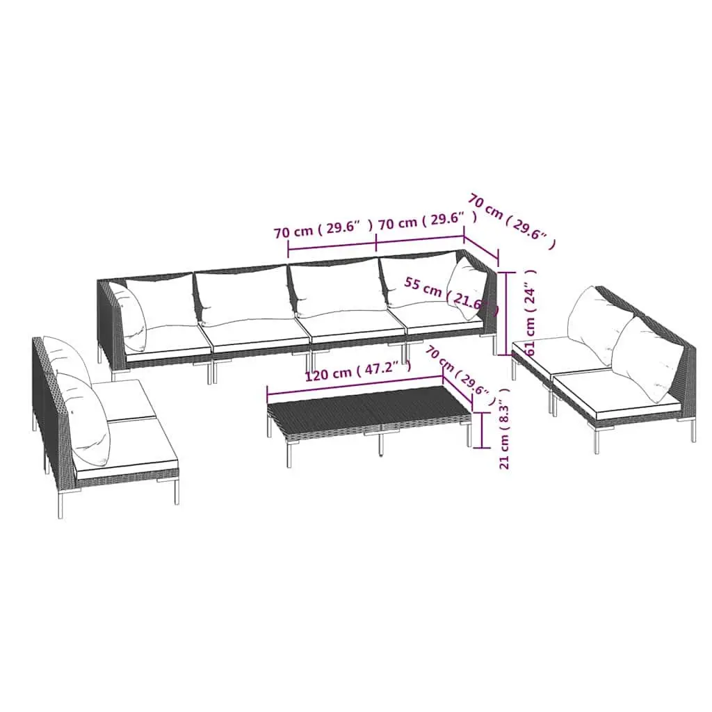 Garden Lounge Set 9 Piece Outdoor Furniture Grey Poly Rattan Patio Sofa with