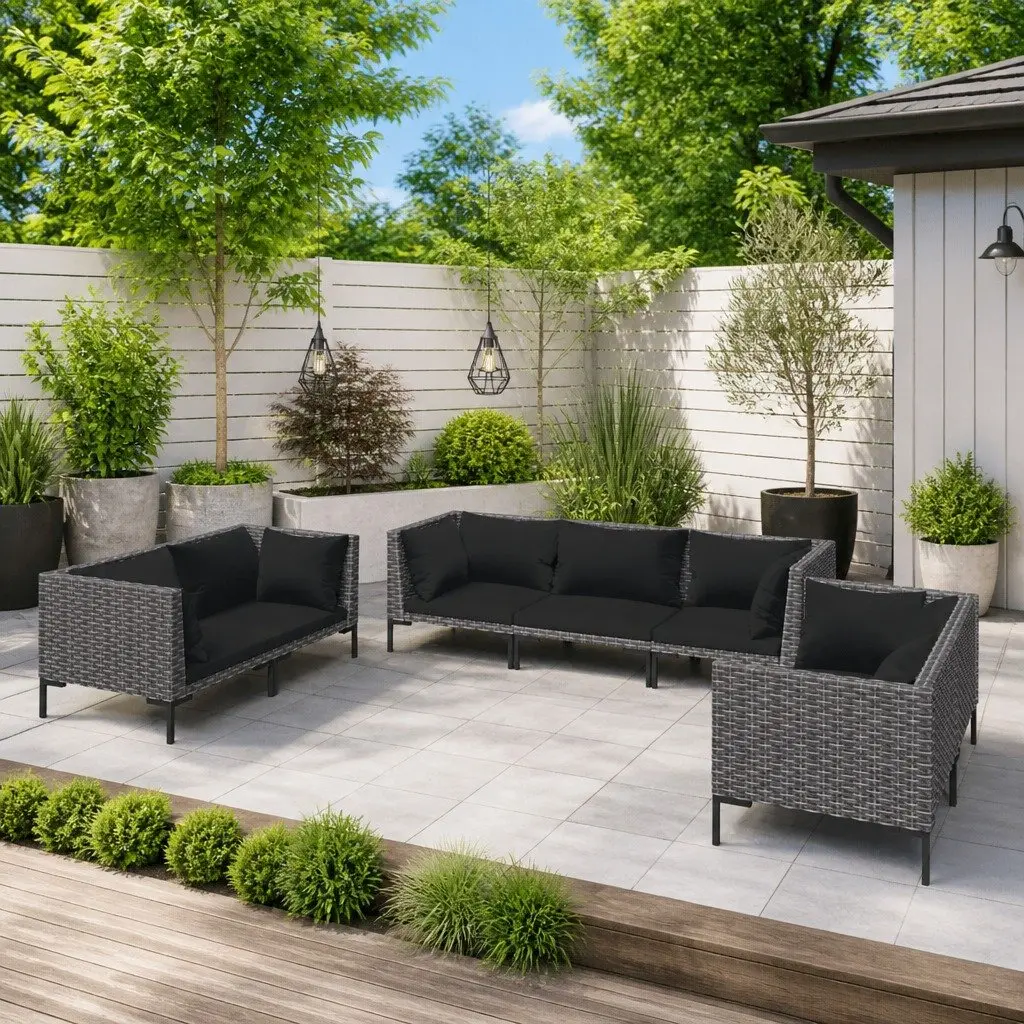 Garden Lounge Set 7 Piece Outdoor Furniture with Cushions Grey Rattan Patio Sofa