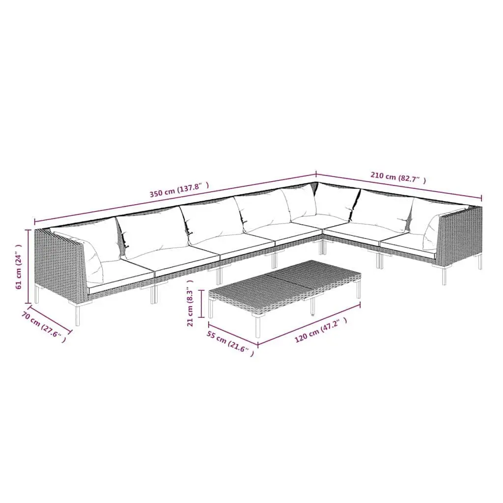 8 Piece Garden Lounge Set Grey Powder Coated Steel Frame Weather Resistant Cushions