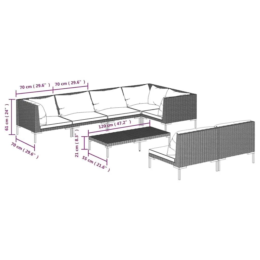 8 Piece Outdoor Lounge Set Grey PE Rattan Patio Furniture Cushions Weather-Resistant
