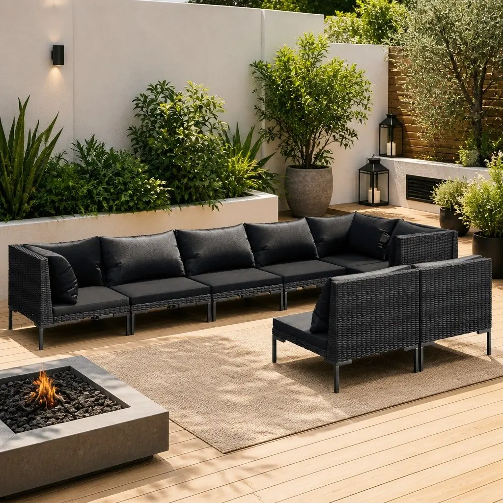Garden Lounge Set 8 Piece Outdoor Furniture Poly Rattan Cushions Grey Patio
