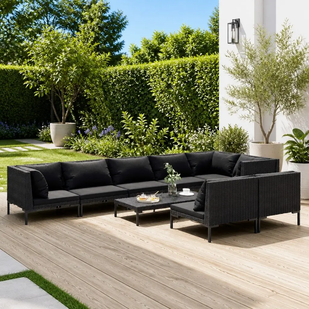 Garden Lounge Set 9 Piece Outdoor Furniture Grey Poly Rattan Patio Sofa with