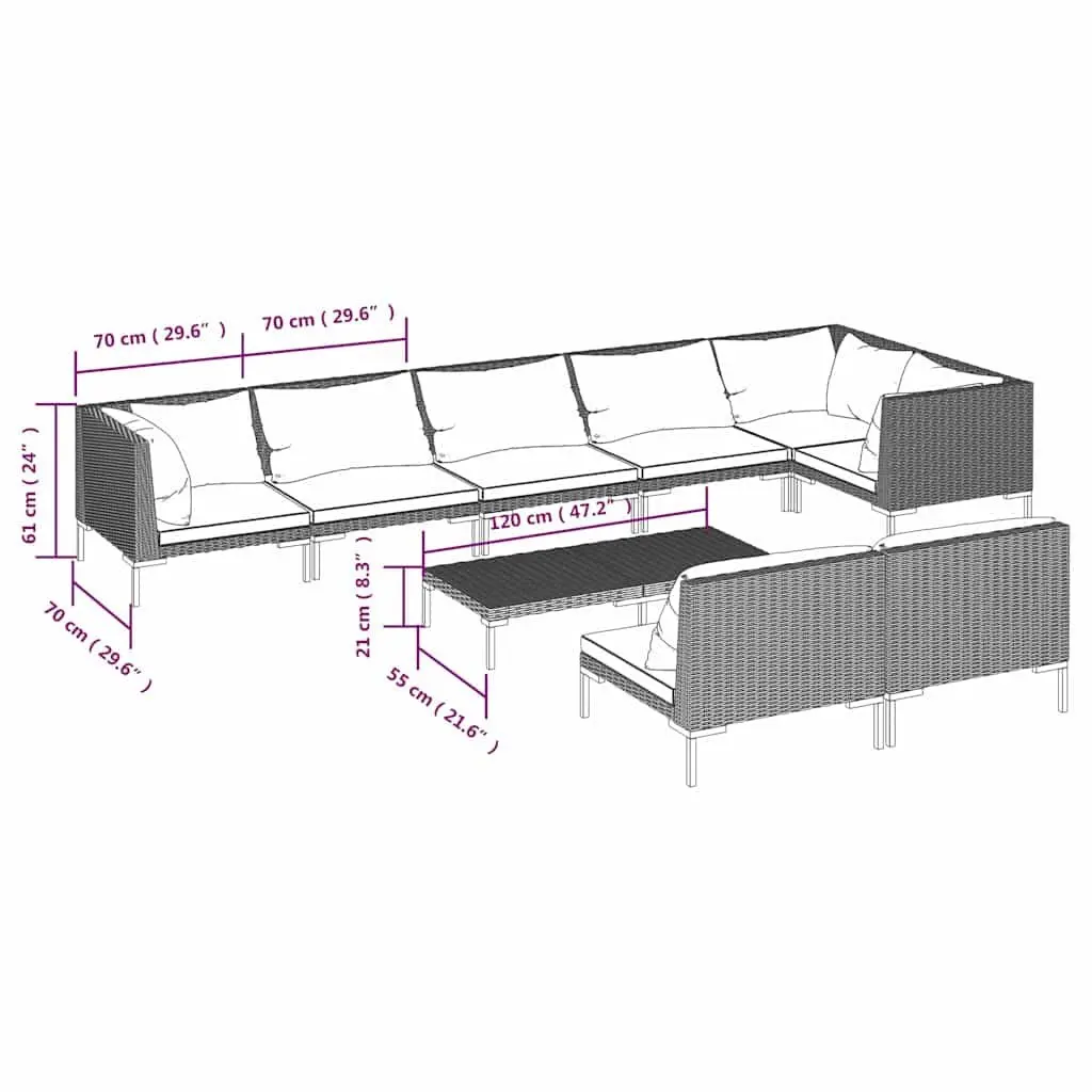 Garden Lounge Set 9 Piece Outdoor Furniture Grey Poly Rattan Patio Sofa with