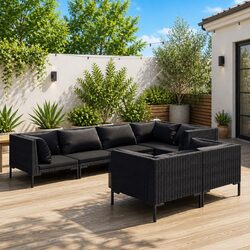 7 Piece Garden Lounge Set with Cushions Grey Poly Rattan Outdoor Patio Furniture
