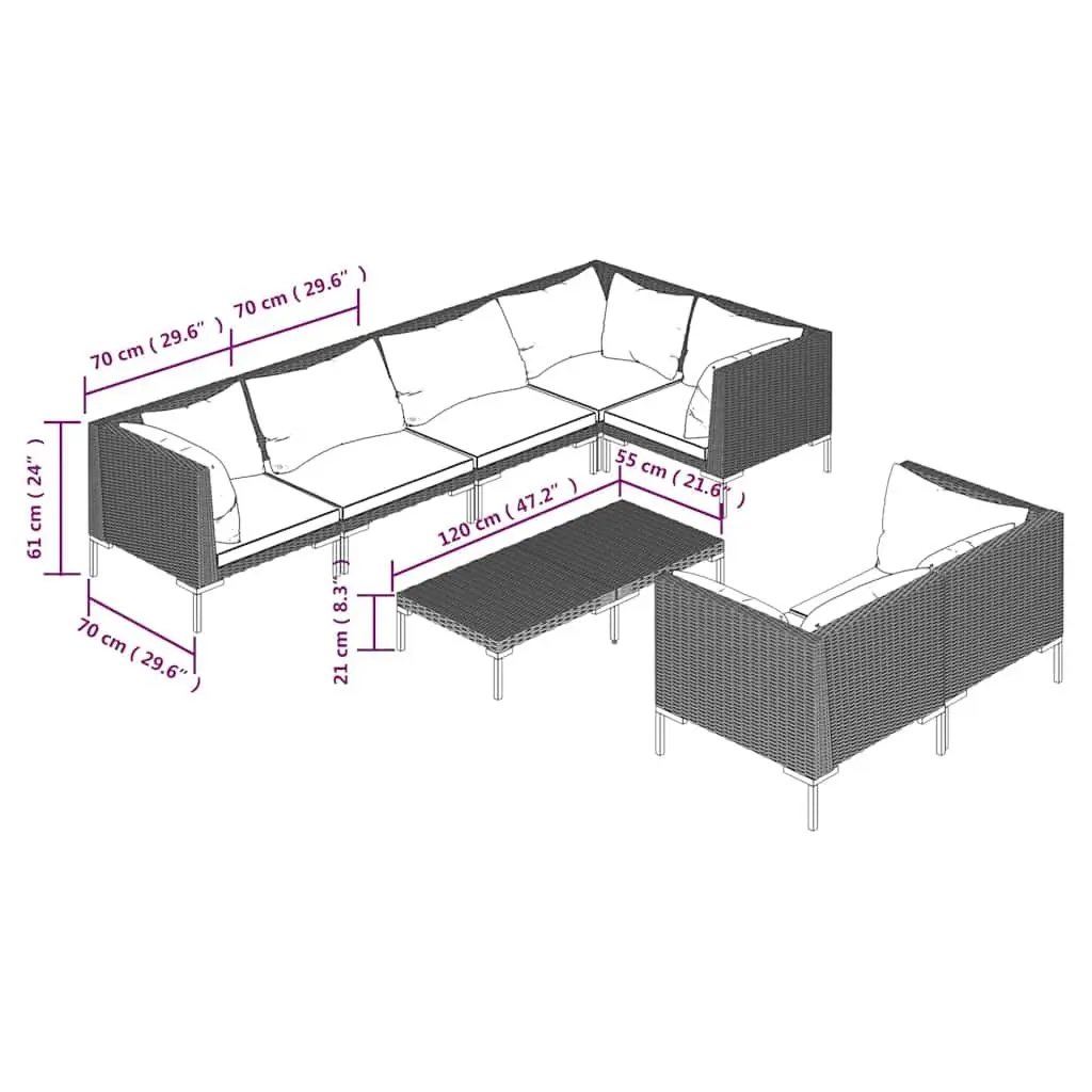 Garden Lounge Set 8 Piece Outdoor Patio Furniture Grey Rattan Sofa with Cushions