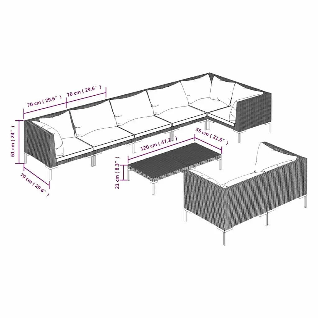 Garden Lounge Set 9 Piece Outdoor Furniture with Cushions Poly Rattan Grey Patio
