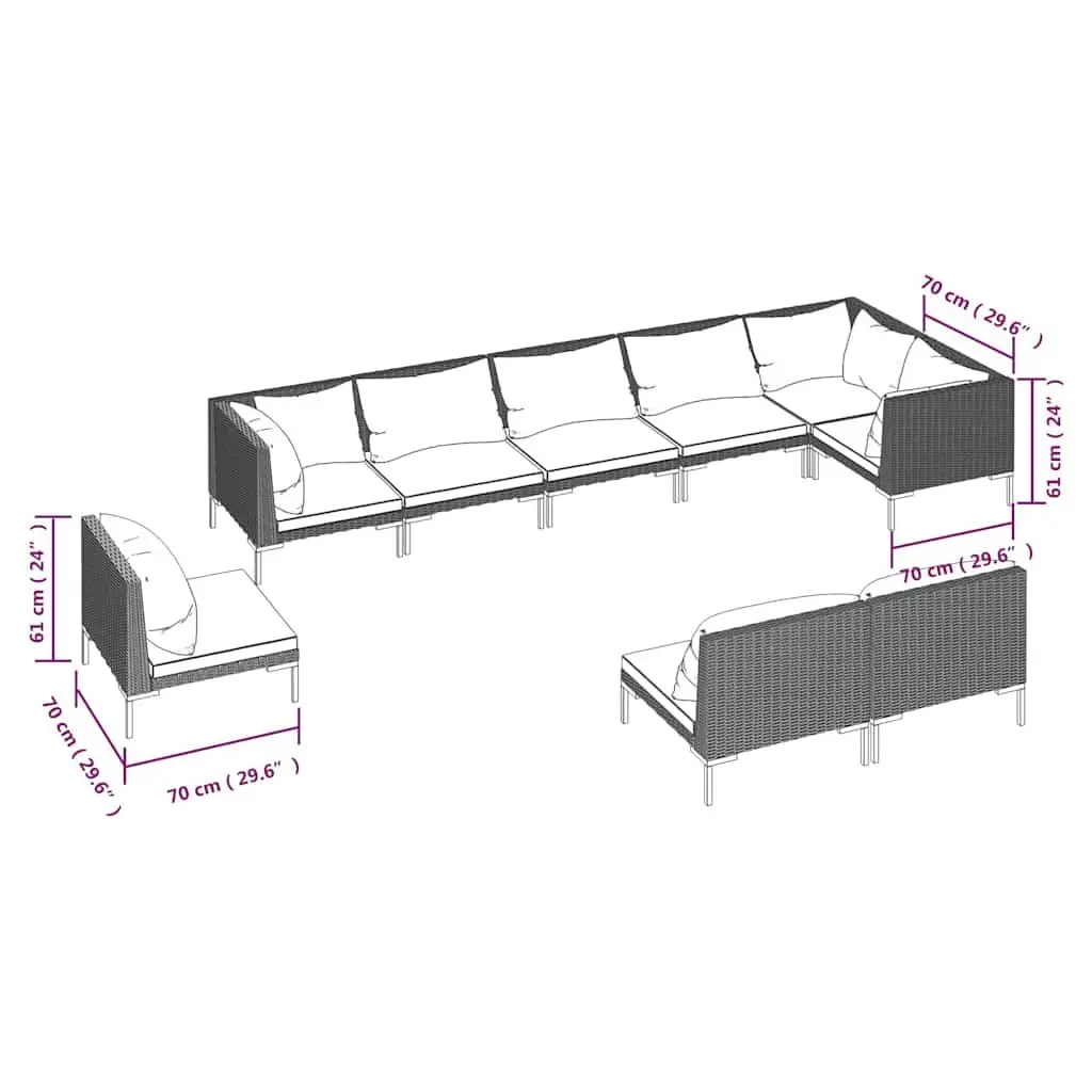Garden Lounge Set Grey 9 Piece Outdoor Furniture PE Rattan Patio Sofa with Cushions
