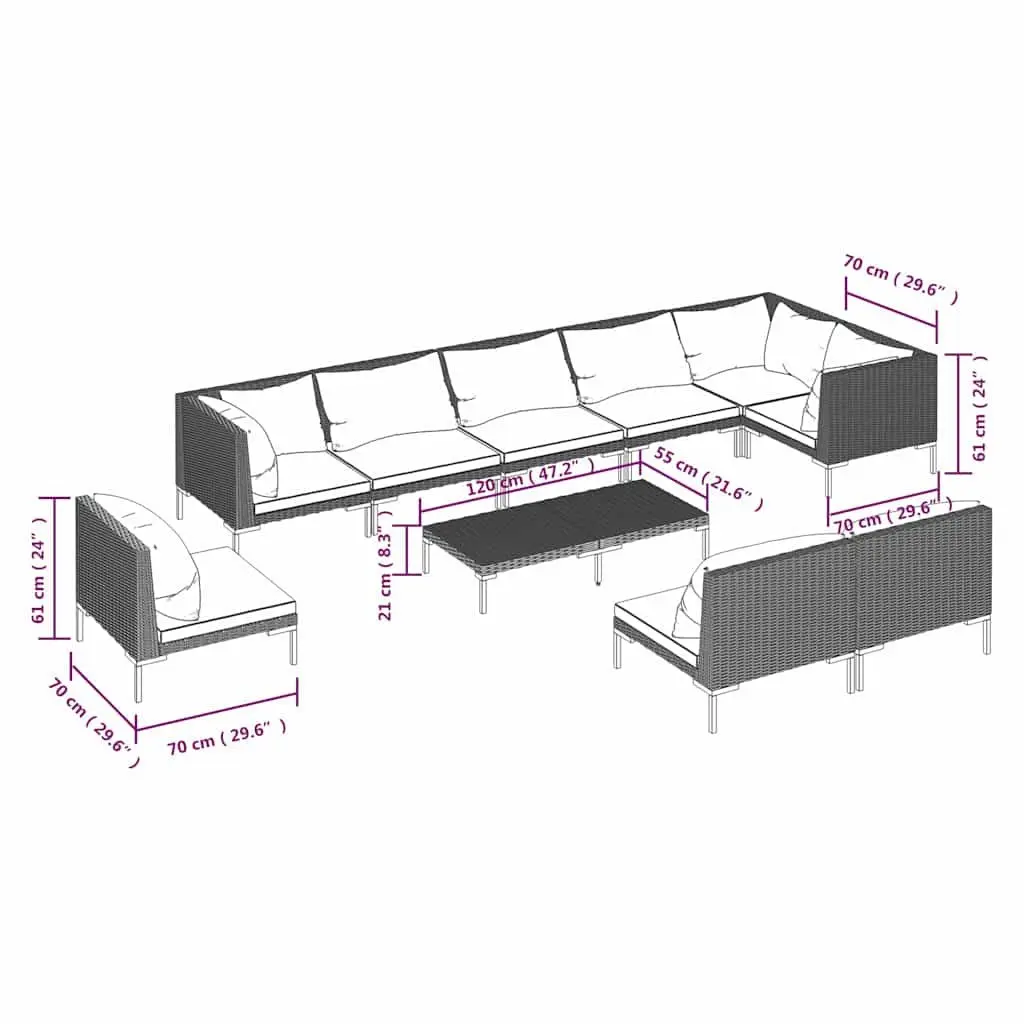 Garden Lounge Set Grey 10 Piece Outdoor Patio Furniture with Cushions