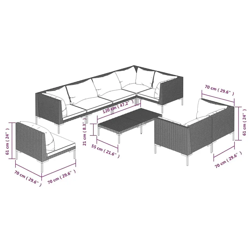 Garden Lounge Set 9 Piece Outdoor Furniture Grey PE Rattan Patio Sofa with
