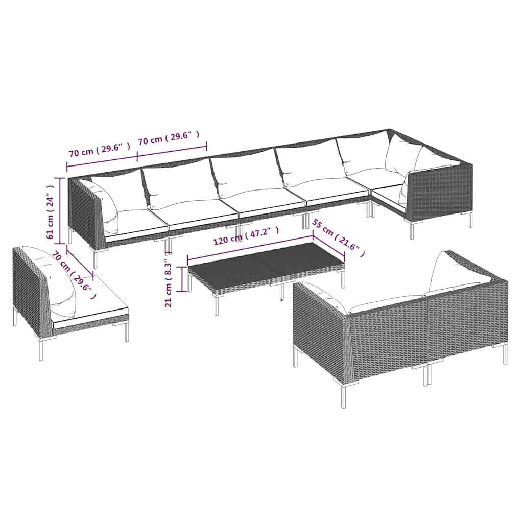 Garden Lounge Set 10 Piece Outdoor Patio Furniture with Cushions Grey Rattan