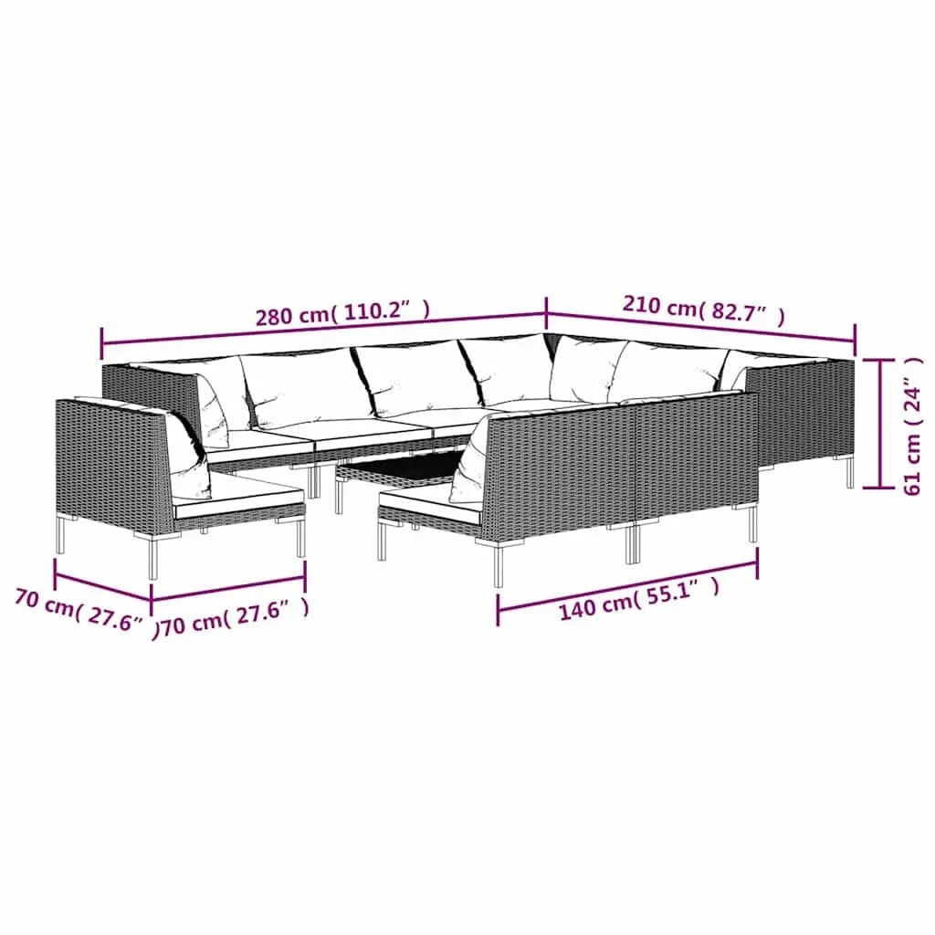 Garden Lounge Set 10 Piece Outdoor Furniture with Cushions Grey Poly Rattan