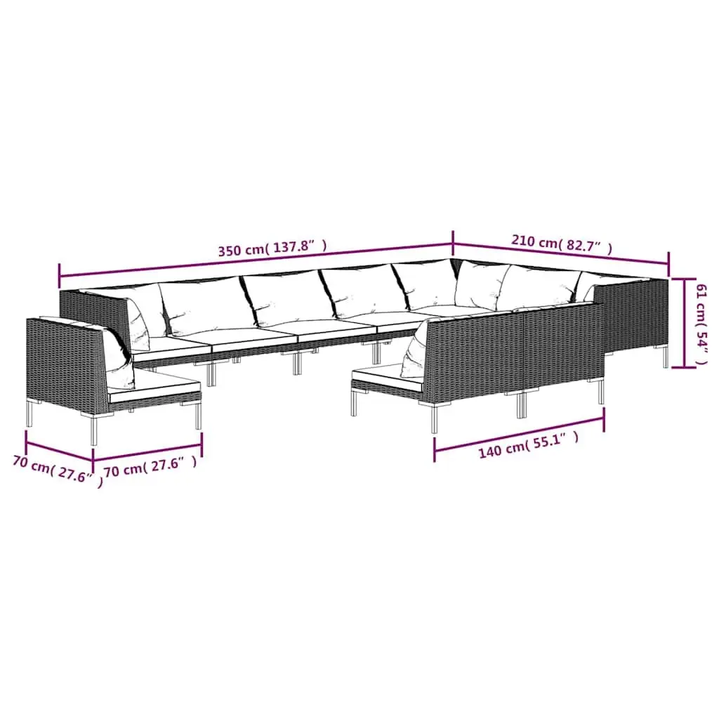 Garden Lounge Set Grey 10 Piece Outdoor Furniture Powder-coated Steel Frame Half-round PE Rattan with Cushions