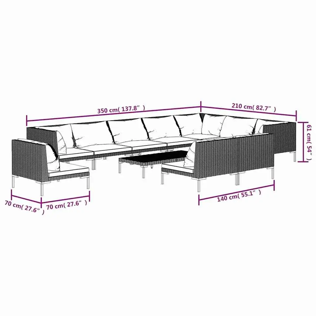 Garden Lounge Set Grey 11 Piece Outdoor Furniture Poly Rattan Patio Sofa with Cushions
