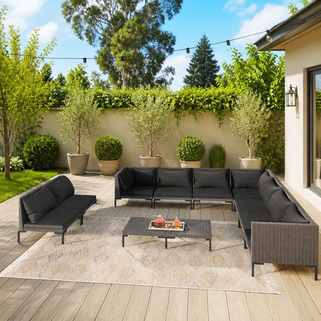 10 Piece Garden Lounge Set Grey Outdoor Patio Furniture with Cushions
