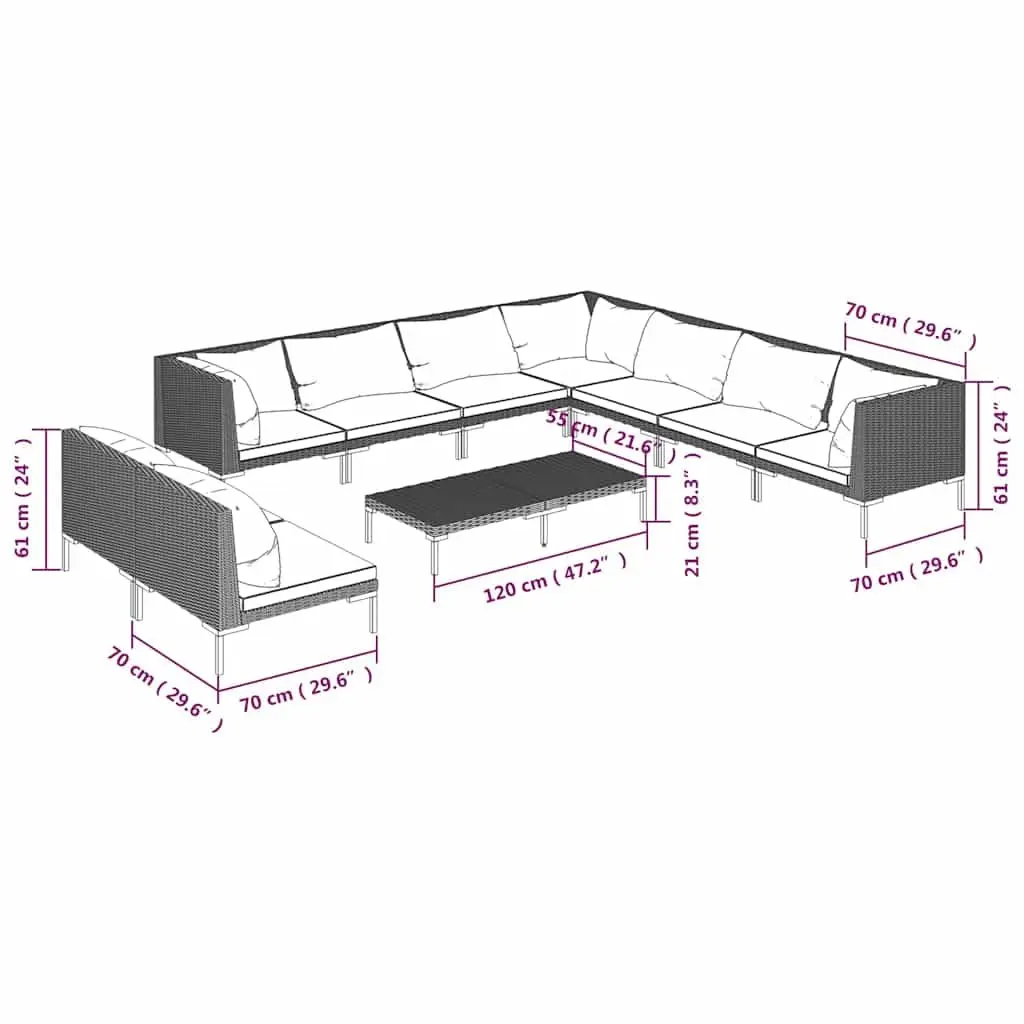 10 Piece Garden Lounge Set Grey Outdoor Patio Furniture with Cushions
