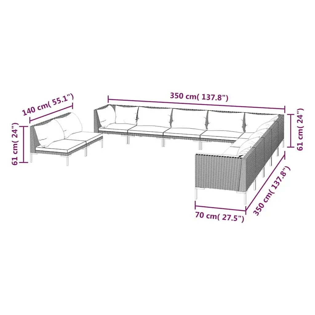 Garden Lounge Set 11 Piece Outdoor Furniture Poly Rattan Sofa Cushions Grey