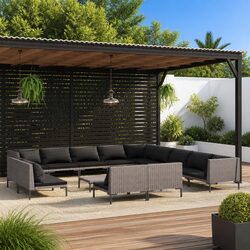 Garden Lounge Set 14 Piece Outdoor Patio Furniture Grey Rattan Sofa Cushions