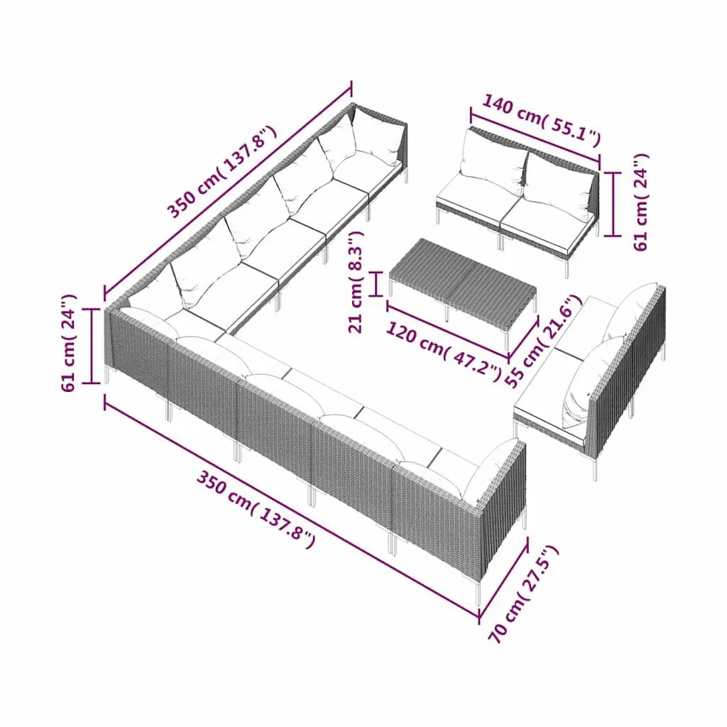 Garden Lounge Set 14 Piece Outdoor Patio Furniture Grey Rattan Sofa Cushions