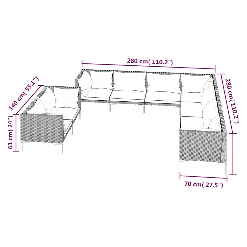 Garden Lounge Set 9 Piece Outdoor Furniture PE Rattan Grey Sofa with Cushions
