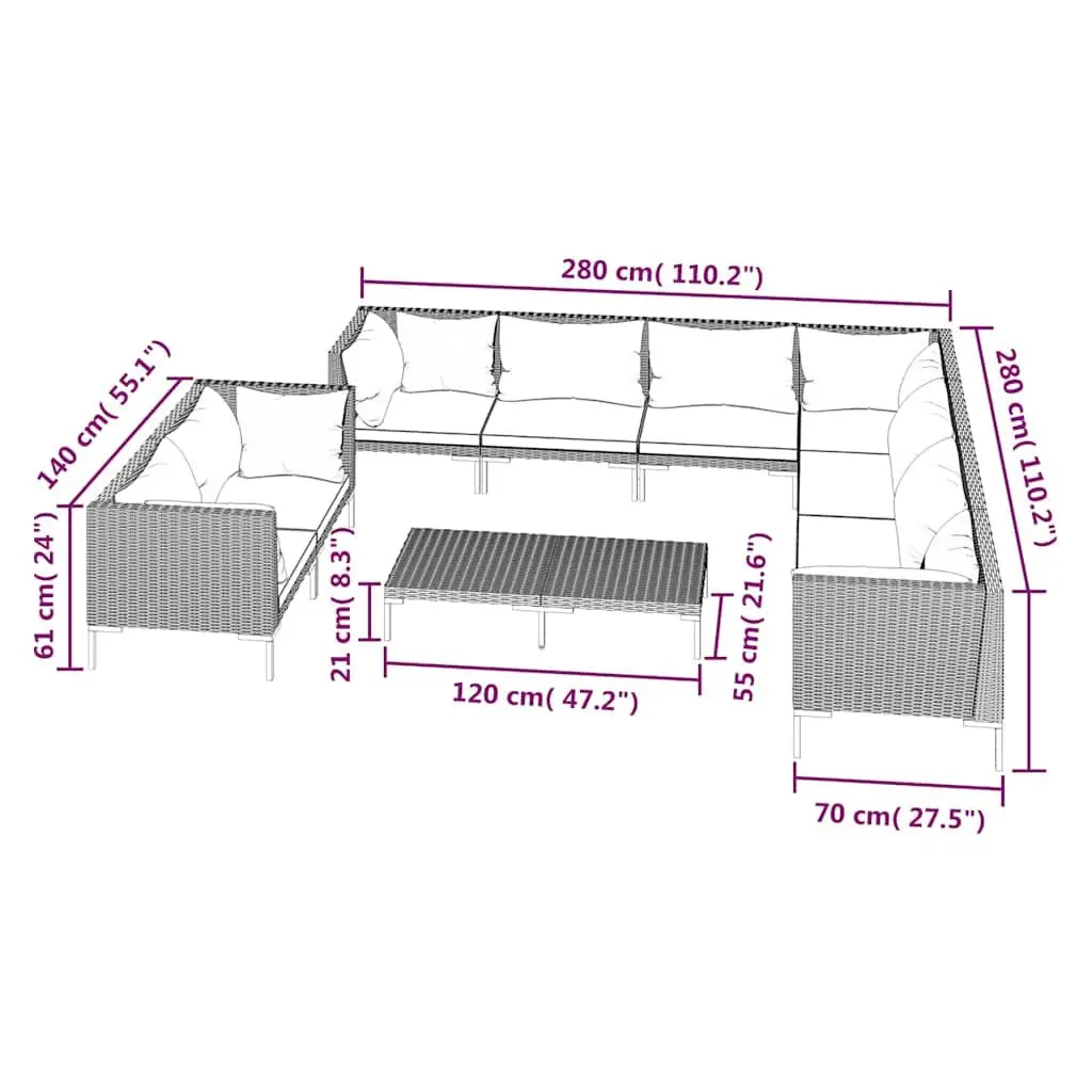 10 Piece Garden Lounge Set Grey Outdoor Patio Furniture with Cushions and Pillows