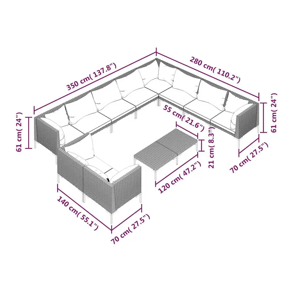 Garden Lounge Set Grey 11 Piece Outdoor Furniture Poly Rattan Patio Sofa with Removable Cushions