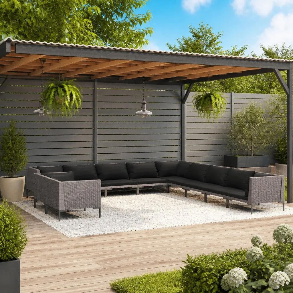 Garden Lounge Set Grey 11 Piece Outdoor Furniture Poly Rattan Sofa with Cushions