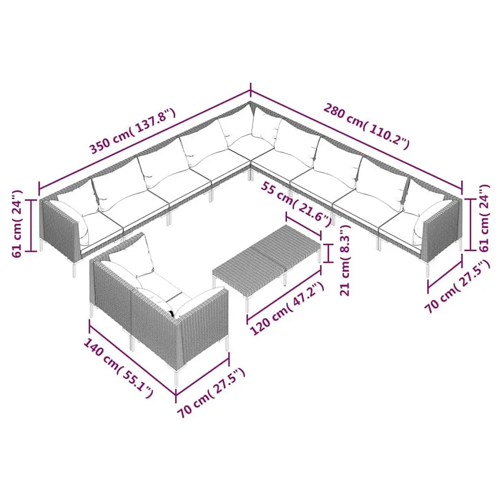 Garden Lounge Set 12 Piece Outdoor Patio Furniture Grey Rattan Sofa Cushions