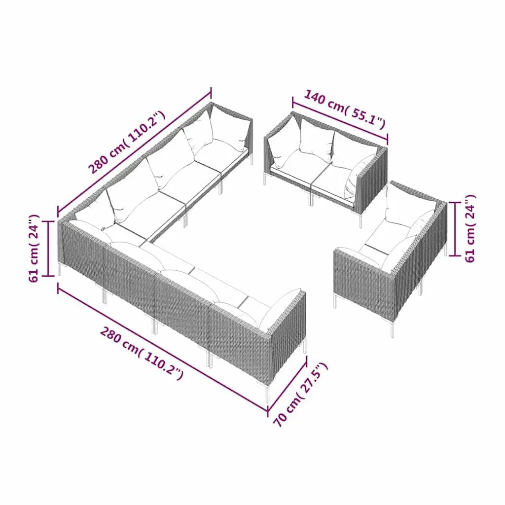 Garden Lounge Set 11 Piece Outdoor Furniture Poly Rattan Sofa Grey Cushions