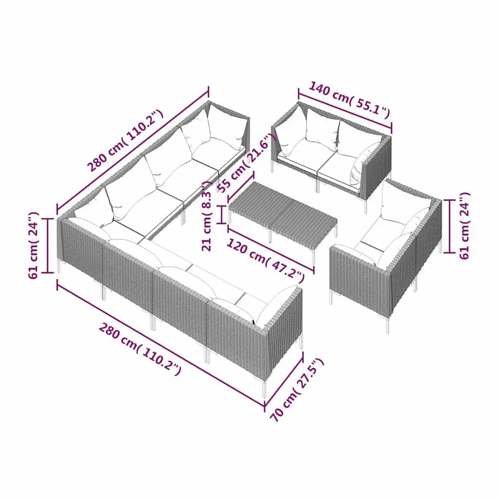 Garden Lounge Set Grey 12 Piece Outdoor Furniture Rattan with Cushions