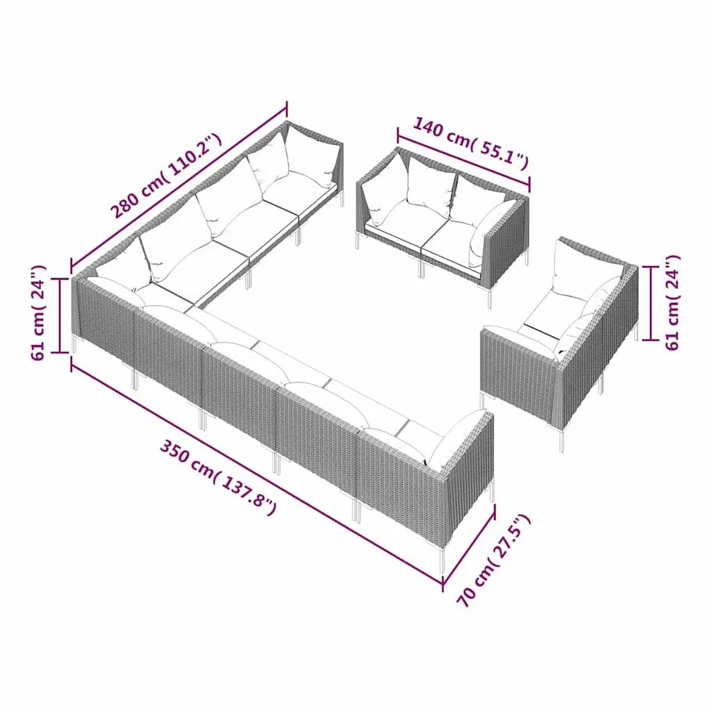 Garden Lounge Set 12 Piece Outdoor Furniture PE Rattan Grey Cushions Patio