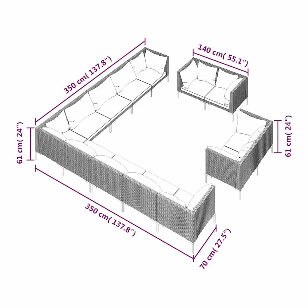Garden Lounge Set 13 Piece Outdoor Furniture Poly Rattan Grey with Cushions