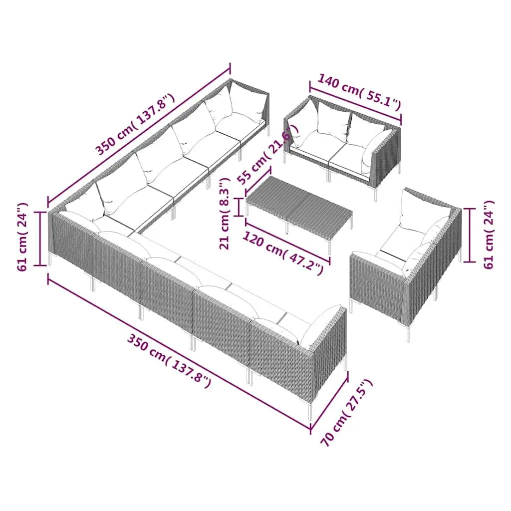 Garden Lounge Set 14 Piece Outdoor Furniture Grey Poly Rattan with Cushions Sofa