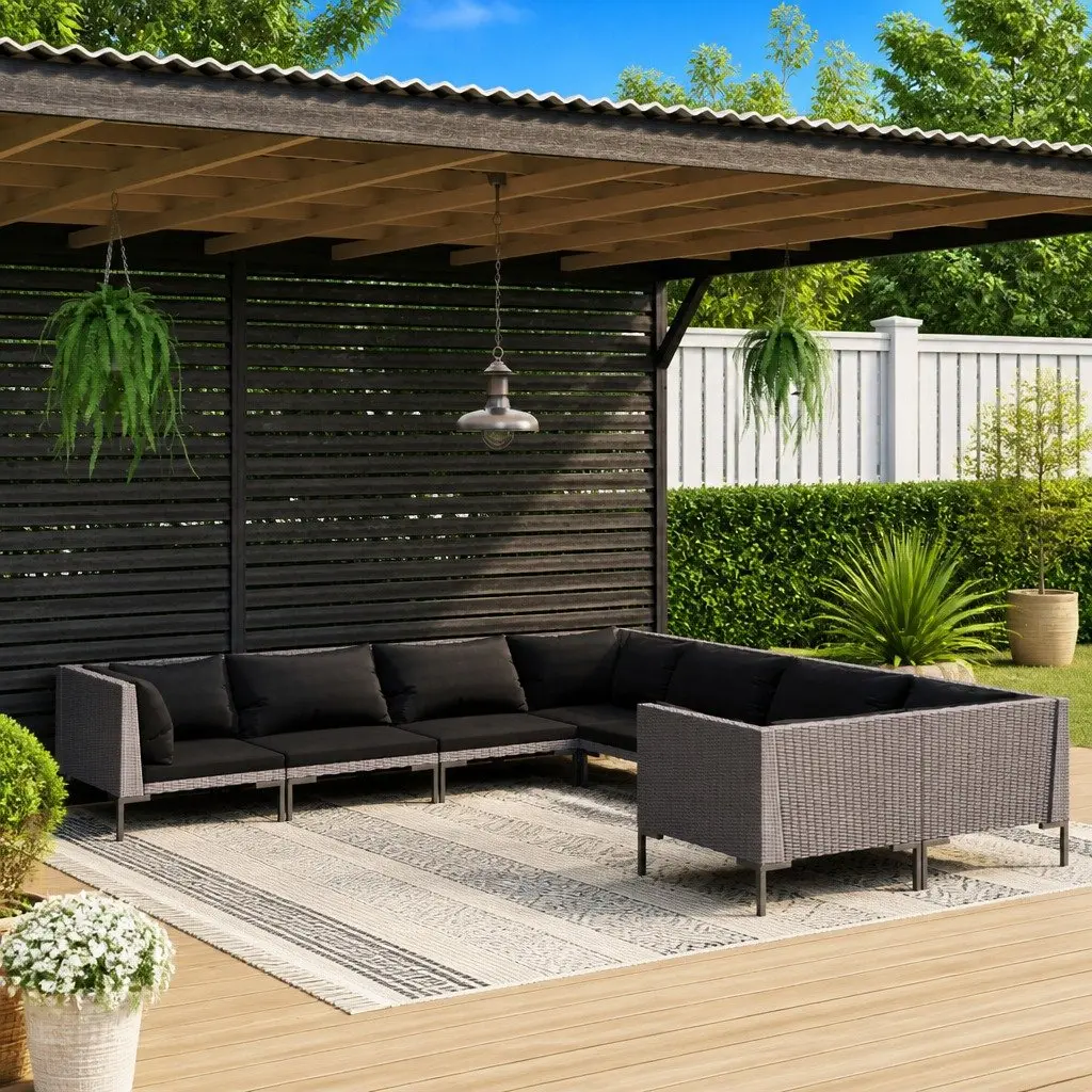 8 Piece Garden Lounge Set Grey PE Rattan Patio Furniture Durable with Cushions