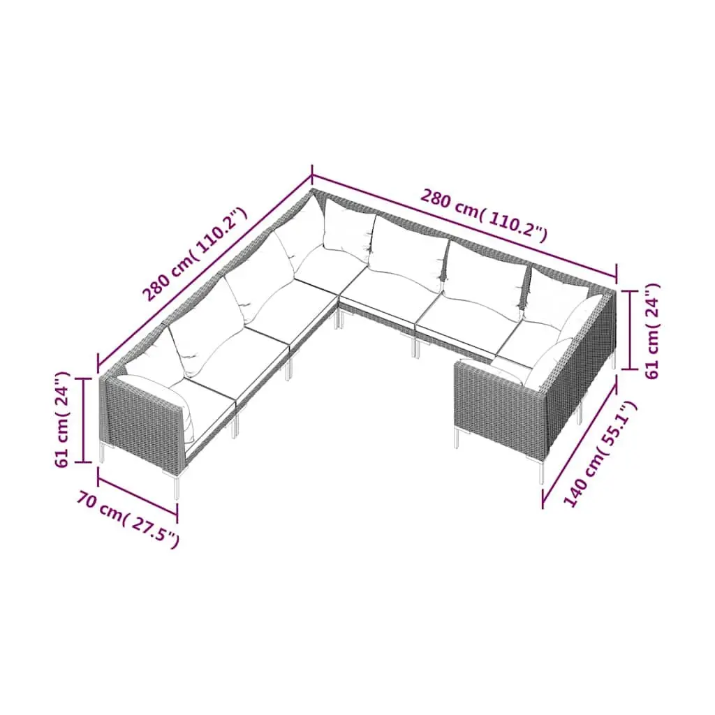 8 Piece Garden Lounge Set Grey PE Rattan Patio Furniture Durable with Cushions