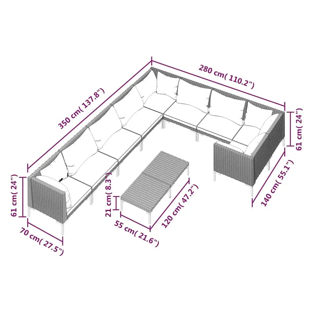 Garden Lounge Set Grey 10 Piece Outdoor Furniture with Cushions