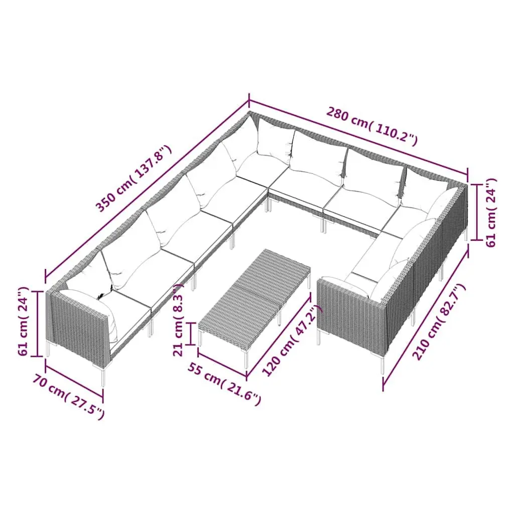 Garden Lounge Set 11 Piece Outdoor Furniture Patio Sofa with Cushions Grey